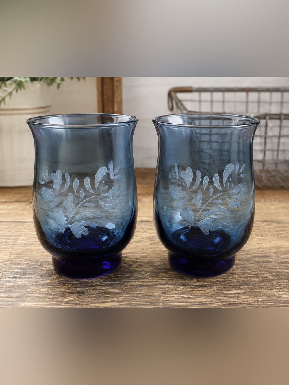 Vintage Set of 2 Pfaltzgraff Cobalt Blue Etched Drinking Glasses Tumblers